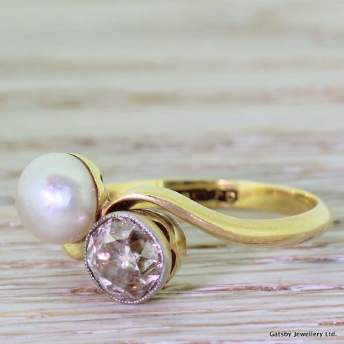 Art Deco Pearl & 0.94 Carat Fancy Cognac Old Cut Diamond Crossover Ring, Circa 1935
