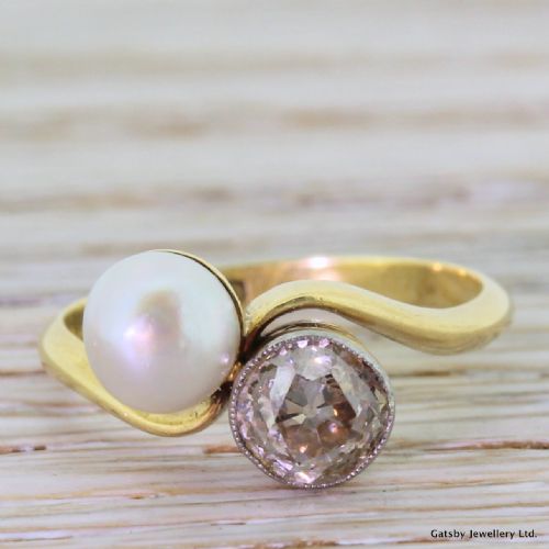 fig 1. Art Deco Pearl & 0.94 Carat Fancy Cognac Old Cut Diamond Crossover Ring, circa 1935