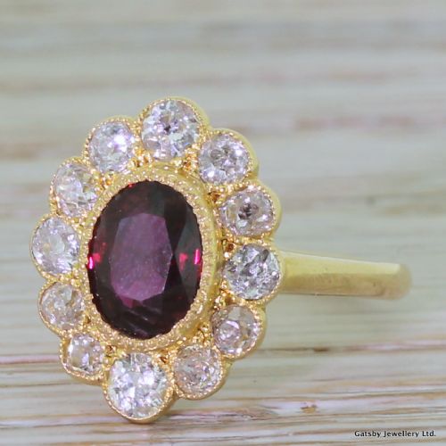Victorian 1.64 Carat Ruby & Old Cut Diamond Cluster Ring, Circa 1890
