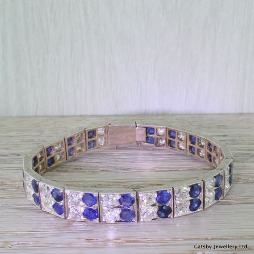 Art Deco 9.80 Carat Old Cut Diamond & 10.80 Carat Sapphire Bracelet, Circa 1935
