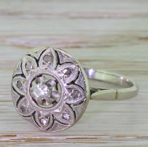 Mid Century 0.21 Carat Old Cut Diamond “Lotus” Ring, French, Circa 1950
