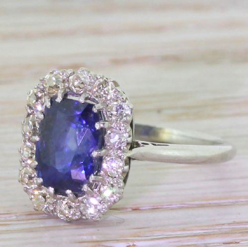 Art Deco 1.25 Carat Sapphire & Old Cut Diamond Cluster Ring, Circa 1930
