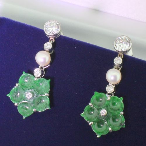 Art Deco Diamond, Pearl & Jade Drop Earrings, Circa 1935
