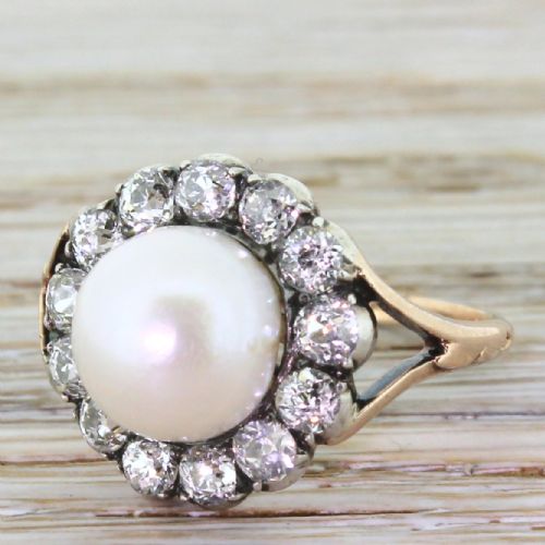 Victorian Pearl & 1.00 Carat Old Cut Diamond Cluster Ring, Circa 1880
