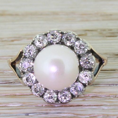 fig 1. Victorian Pearl & 1.00 Carat Old Cut Diamond Cluster Ring, circa 1880
