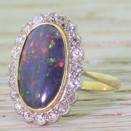 Art Deco 2.30 Carat Black Opal & Old Cut Diamond Ring, Circa 1925
