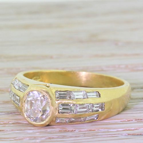 Art Deco 0.89 Carat Old Cut & Baguette Cut Diamond Engagement Ring, Circa 1920
