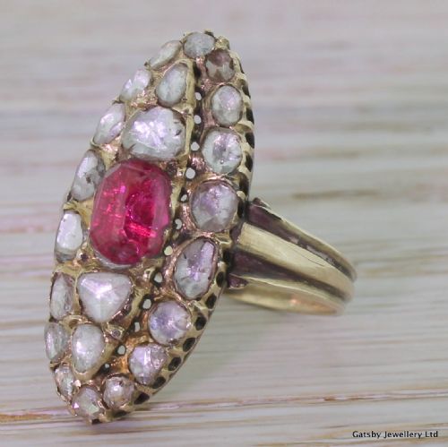 Georgian Ruby & Rose Cut Diamond Navette Ring, Circa 1830
