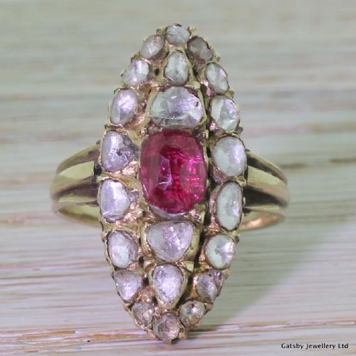 fig 1. Georgian Ruby & Rose Cut Diamond Navette Ring, circa 1830
