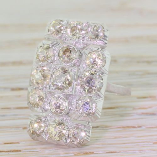 Art Deco 2.50 Carat Light Fancy Cognac Old Cut Diamond Plaque Ring, Circa 1935
