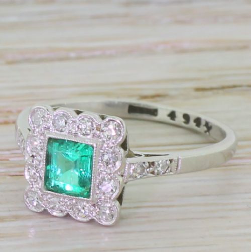 Art Deco Square Cut Emerald & Diamond Cluster Ring, Circa 1935
