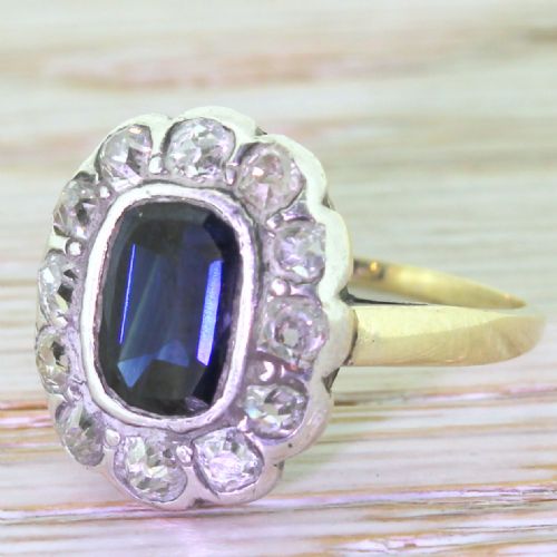 Victorian 1.50 Carat Sapphire & Old Cut Diamond Cluster Ring, Circa 1860
