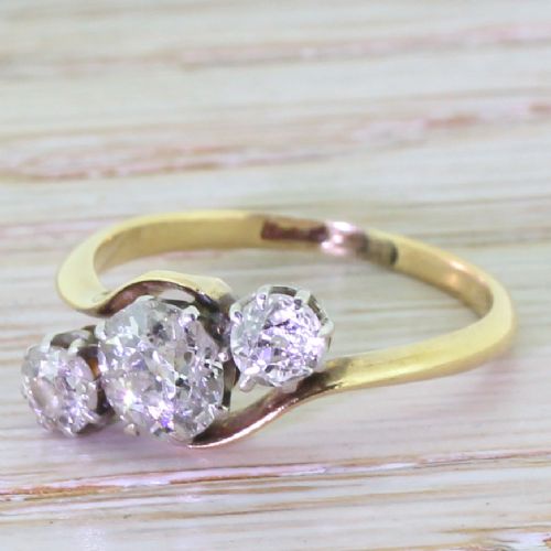 Art Deco 1.25 Carat Old Cut Diamond Trilogy Crossover Ring, Circa 1935
