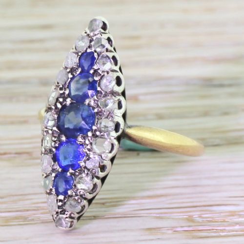 Early Victorian Sapphire & Rose Cut Diamond Navette Ring, Circa 1840
