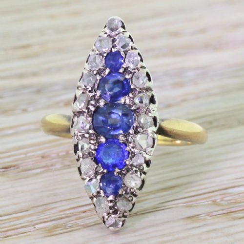 fig 1. Early Victorian Sapphire & Rose Cut Diamond Navette Ring, circa 1840
