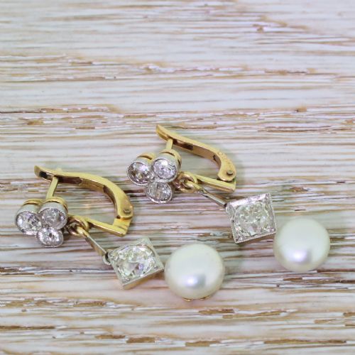 Edwardian Old Cut 1.64 Carat Diamond & Pearl Drop Earrings, Circa 1910