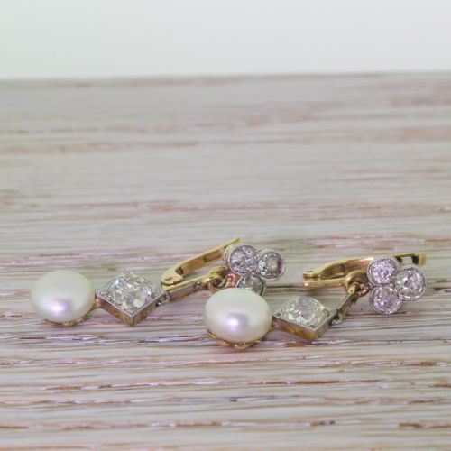 fig 1. Edwardian Old Cut 1.64 Carat Diamond & Pearl Drop Earrings, circa 1910