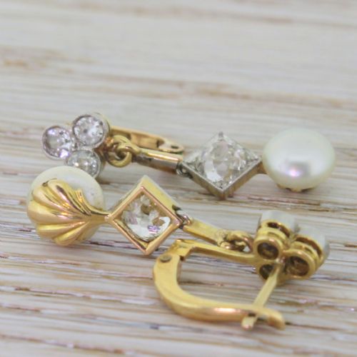 fig 2. Edwardian Old Cut 1.64 Carat Diamond & Pearl Drop Earrings, circa 1910