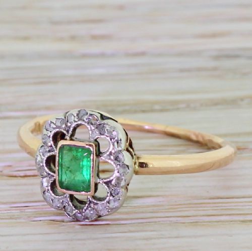 Art Deco Emerald & Rose Cut Diamond Ring, Circa 1930
