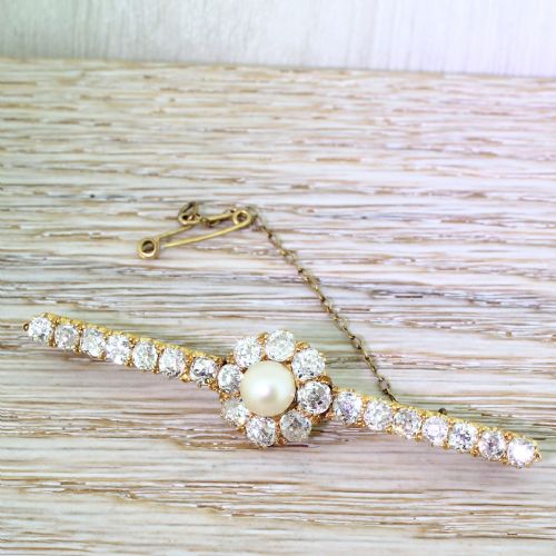 Victorian 4.80 Carat Old Cut Diamond & Natural Pearl Bar Brooch, Circa 1890
