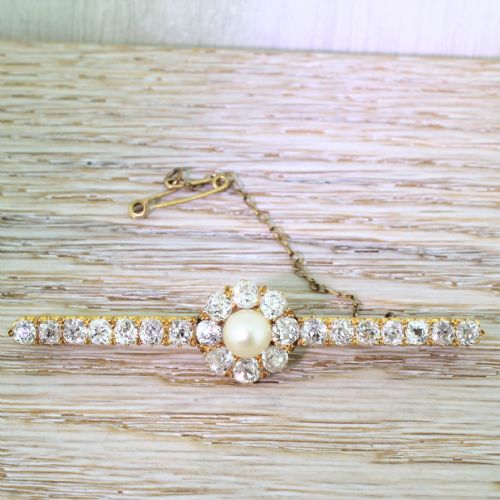 fig 1. Victorian 4.80 Carat Old Cut Diamond & Natural Pearl Bar Brooch, circa 1890
