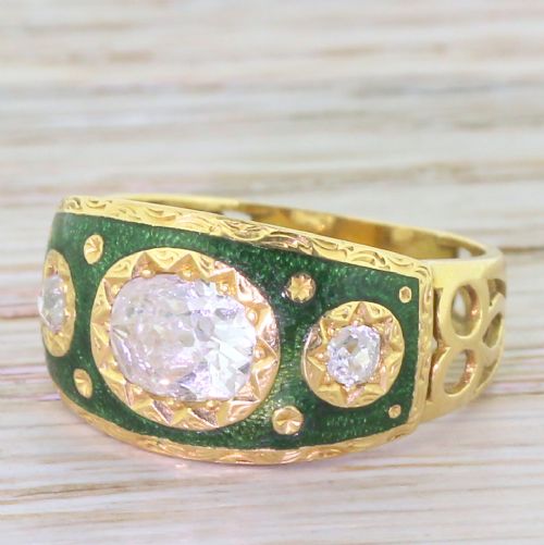 Victorian 0.90 Carat Old Oval Cut & Enamel Band Ring, French, Circa 1900
