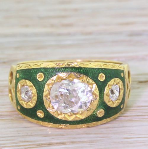 fig 1. Victorian 0.90 Carat Old Oval Cut & Enamel Band Ring, French, circa 1900