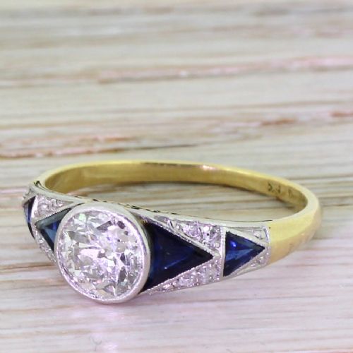 Art Deco 0.90 Carat Old Cut Diamond & Sapphire Engagement Ring, Circa 1920