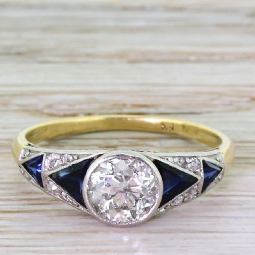 fig 1. Art Deco 0.90 Carat Old Cut Diamond & Sapphire Engagement Ring, circa 1920