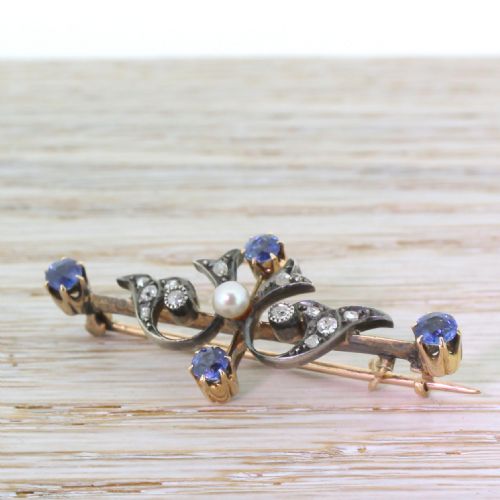 Art Nouveau Sapphire, Diamond & Pearl Brooch, Circa 1890
