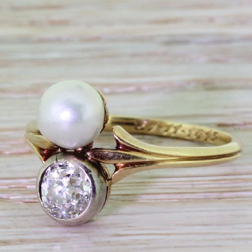 Edwardian 0.70 Carat Old Cut Diamond & Natural Pearl Ring, Dated 1913
