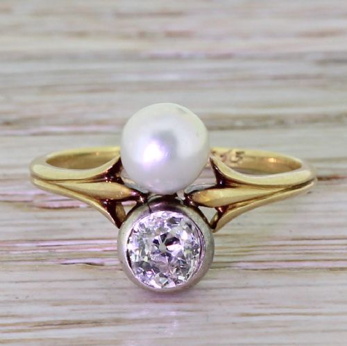 fig 1. Edwardian 0.70 Carat Old Cut Diamond & Natural Pearl Ring, dated 1913