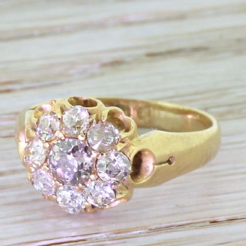 Victorian 1.10 Carat Old Mine Cut Diamond Cluster Ring, Dated 1888
