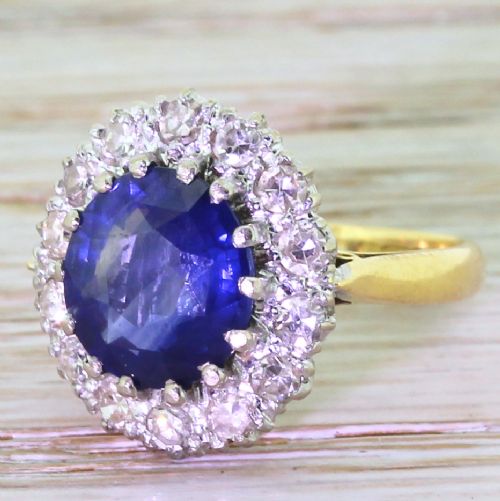 Mid Century 3.00 Carat Sapphire & Diamond Cluster Ring, Circa 1950
