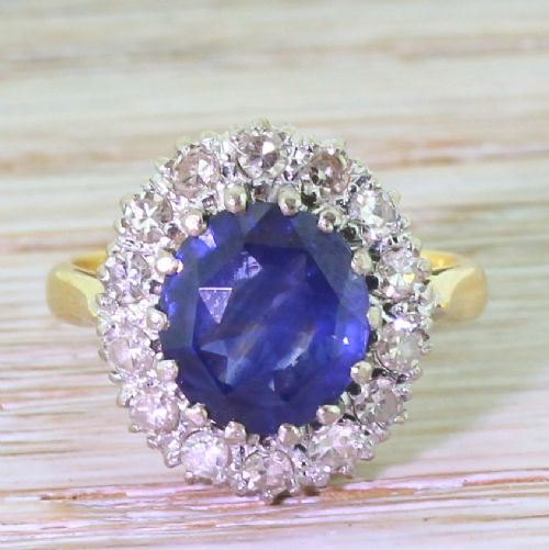 fig 1. Mid Century 3.00 Carat Sapphire & Diamond Cluster Ring, circa 1950

