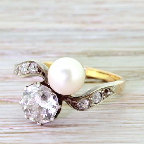 Edwardian 1.07 Carat Old Cut Diamond & Pearl Crossover Ring, Circa 1910
