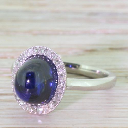 Art Deco 4.00 Carat Cabochon Sapphire & Diamond Ring, Circa 1935

