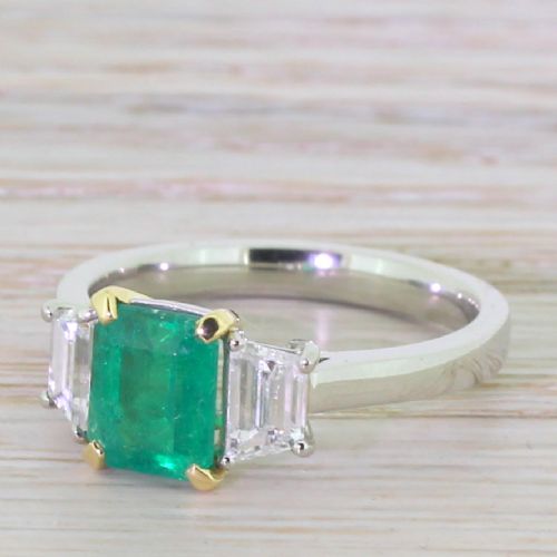 Retro Emerald & Trapeze Cut Diamond Trilogy Ring, Circa 1945

