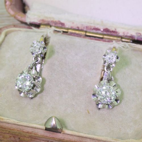 Art Deco 1.20 Carat Old Cut Diamond Double Drop Earrings, Circa 1935

