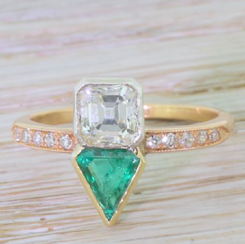 fig 1. Art Deco Square Step Cut Diamond & Triangle Cut Emerald Ring, circa 1920
