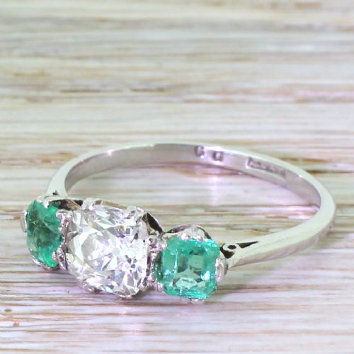 Art Deco Old Cushion Cut Diamond & Step Cut Emerald Trilogy Ring, Circa 1925
