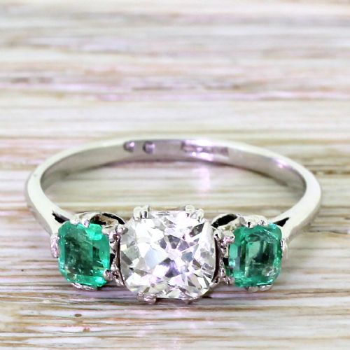 fig 1. Art Deco Old Cushion Cut Diamond & Step Cut Emerald Trilogy Ring, circa 1925