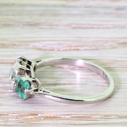 fig 2. Art Deco Old Cushion Cut Diamond & Step Cut Emerald Trilogy Ring, circa 1925