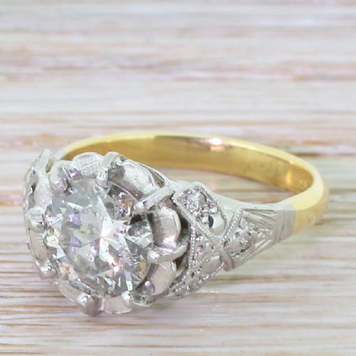 Retro 1.65 Carat Old European Cut Diamond Engagement Ring, Circa 1945
