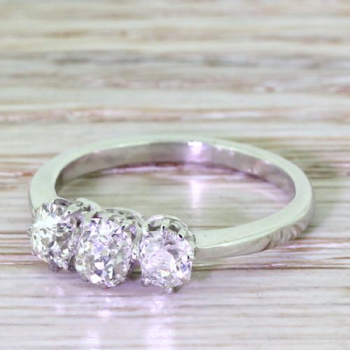 Art Deco 1.00 Carat Old Cushion Cut Diamond Trilogy, Circa 1935

