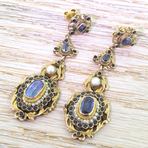 Austo Hungarian Natural Sapphire & Pearl Earrings, Circa 1910
