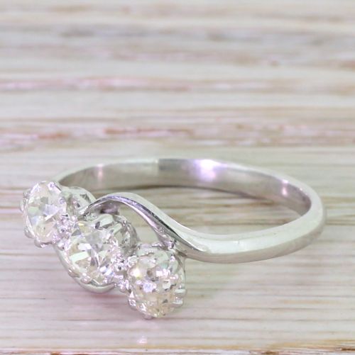Art Deco 0.85 Carat Old Cut Diamond Crossover Trilogy Ring, Circa 1920
