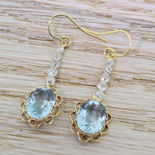 Art Deco Aquamarine & Old Cut Diamond Drop Earrings, Circa 1925
