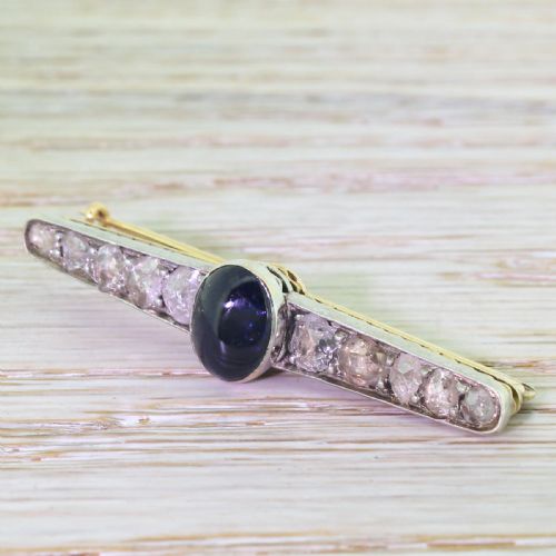 Art Deco Cabochon Sapphire & Rose Cut Diamond Bar Brooch, Circa 1930
