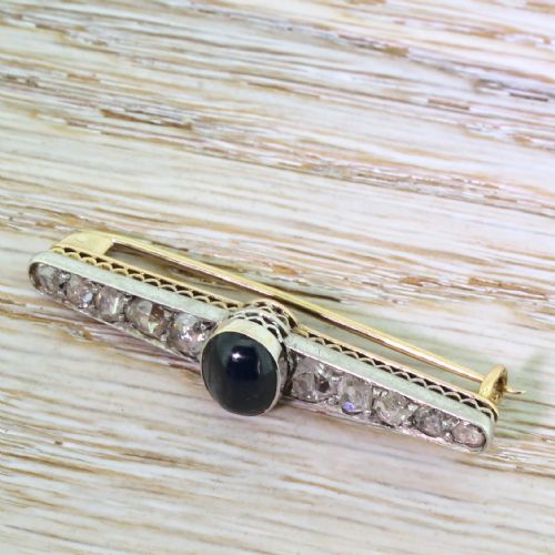 fig 1. Art Deco Cabochon Sapphire & Rose Cut Diamond Bar Brooch, circa 1930